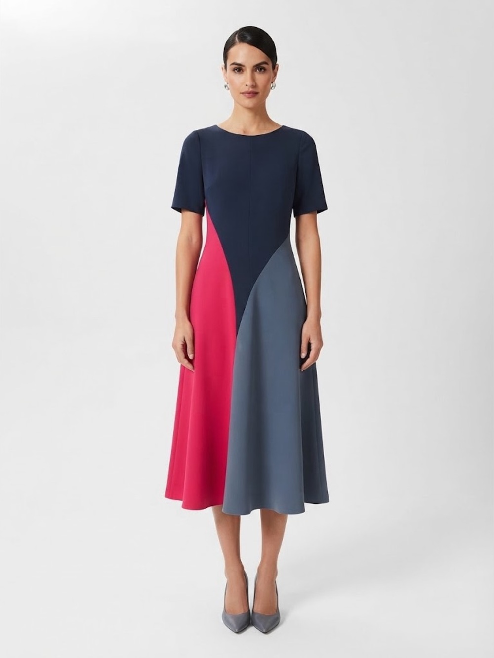 Anthropologie Colorblock Navy Blue Grey Red Midi Dress Size 4 NWT
